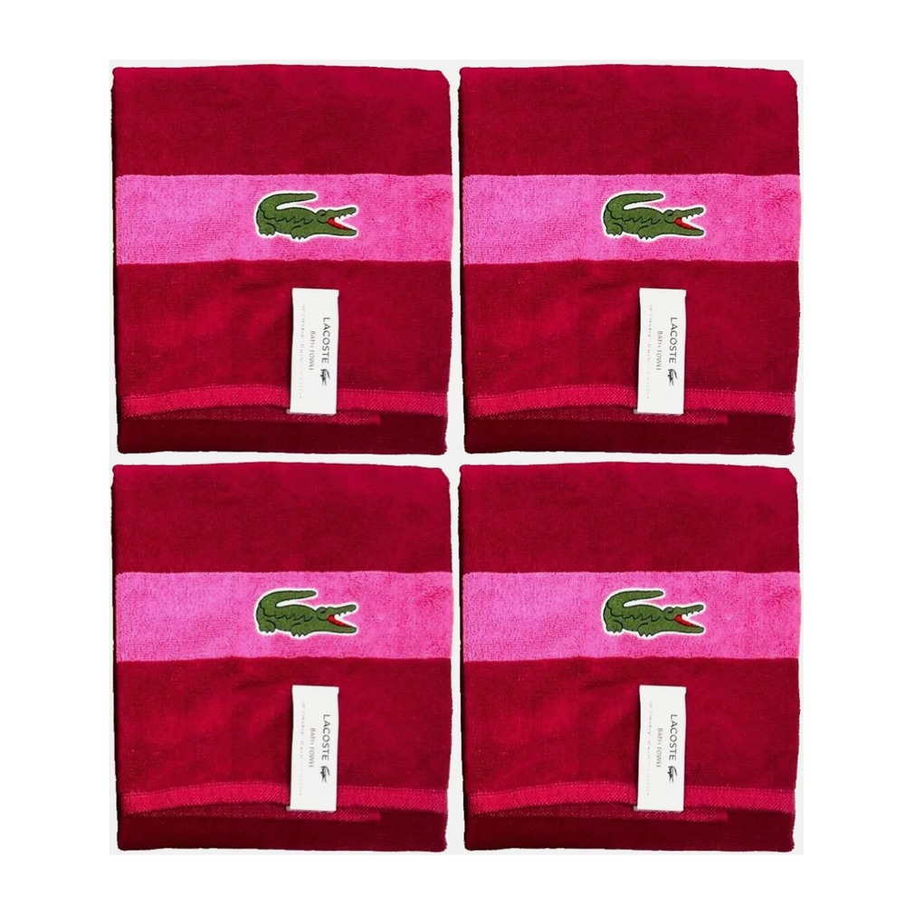 Lacoste Pink Bath Towel 4 Pack 100% Cotton 30" x 52" Large Big Crocodile Logo
